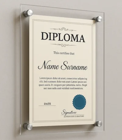 Diploma, sertifika ve fotoğraflarınızı şık çift pleksi çerçevede sergileyin. 3mm akrilik ve krom ayaklarla modern, cam görünümlü tasarım.