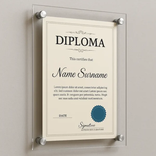 Diploma, sertifika ve fotoğraflarınızı şık çift pleksi çerçevede sergileyin. 3mm akrilik ve krom ayaklarla modern, cam görünümlü tasarım.