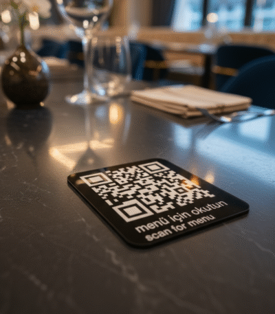 Pleksi QR menü stand siyah restoran cafe şık tasarım