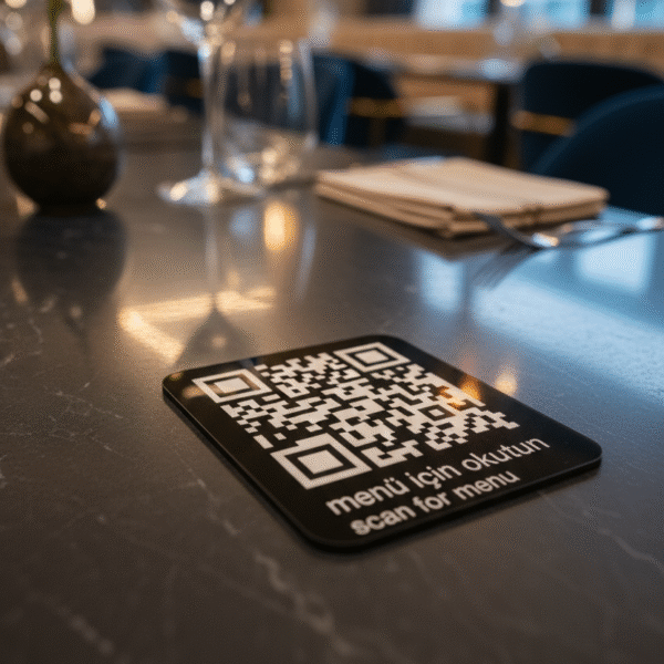 Pleksi QR menü stand siyah restoran cafe şık tasarım