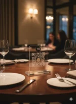 QR kodlu şeffaf pleksi masa numarası – restoran masa üstü menü standı