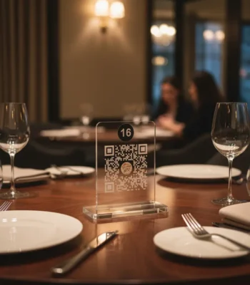 QR kodlu şeffaf pleksi masa numarası – restoran masa üstü menü standı
