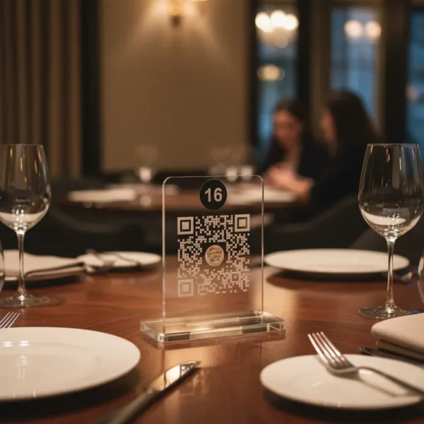QR kodlu şeffaf pleksi masa numarası – restoran masa üstü menü standı