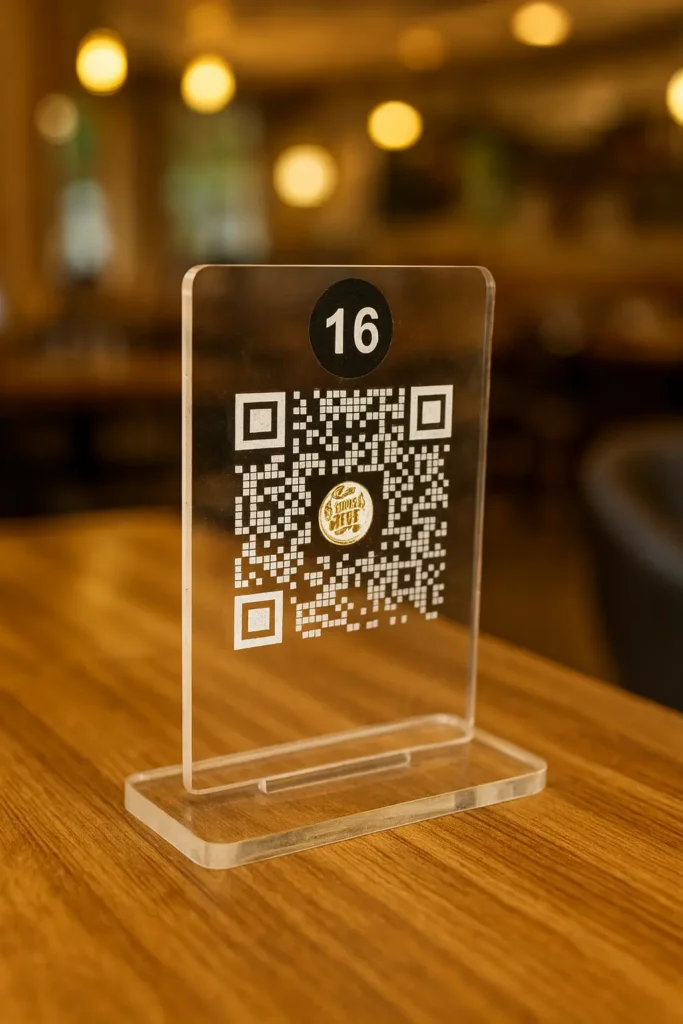 Restoran masasında duran şeffaf pleksi QR kodlu menü numarası – dijital temassız menü çözümü